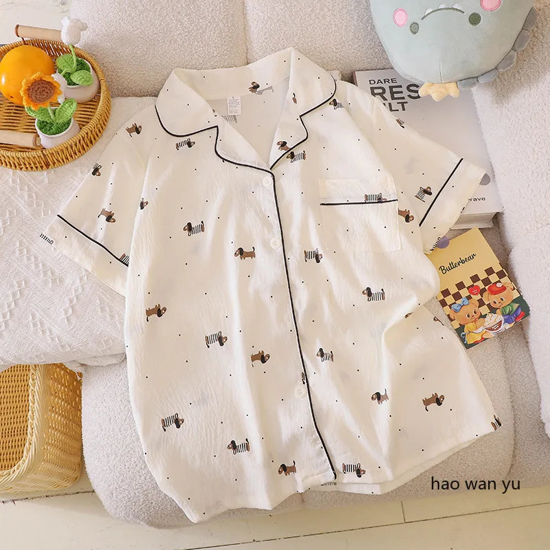 Pajama for Women Short Sleeves with High Luxury Feel Suitable for Outerwear Home Clothing Set Nightwear Homewear Small Dog Print