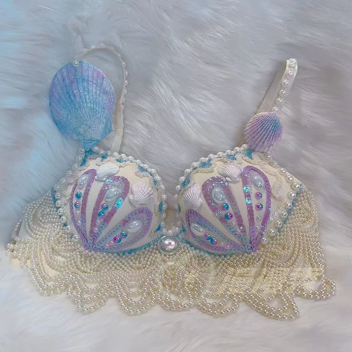 customized sparkling iridescent sequin shell bra pearl chain tassel pool party bra beach vacation pearl jacket belly dance bras