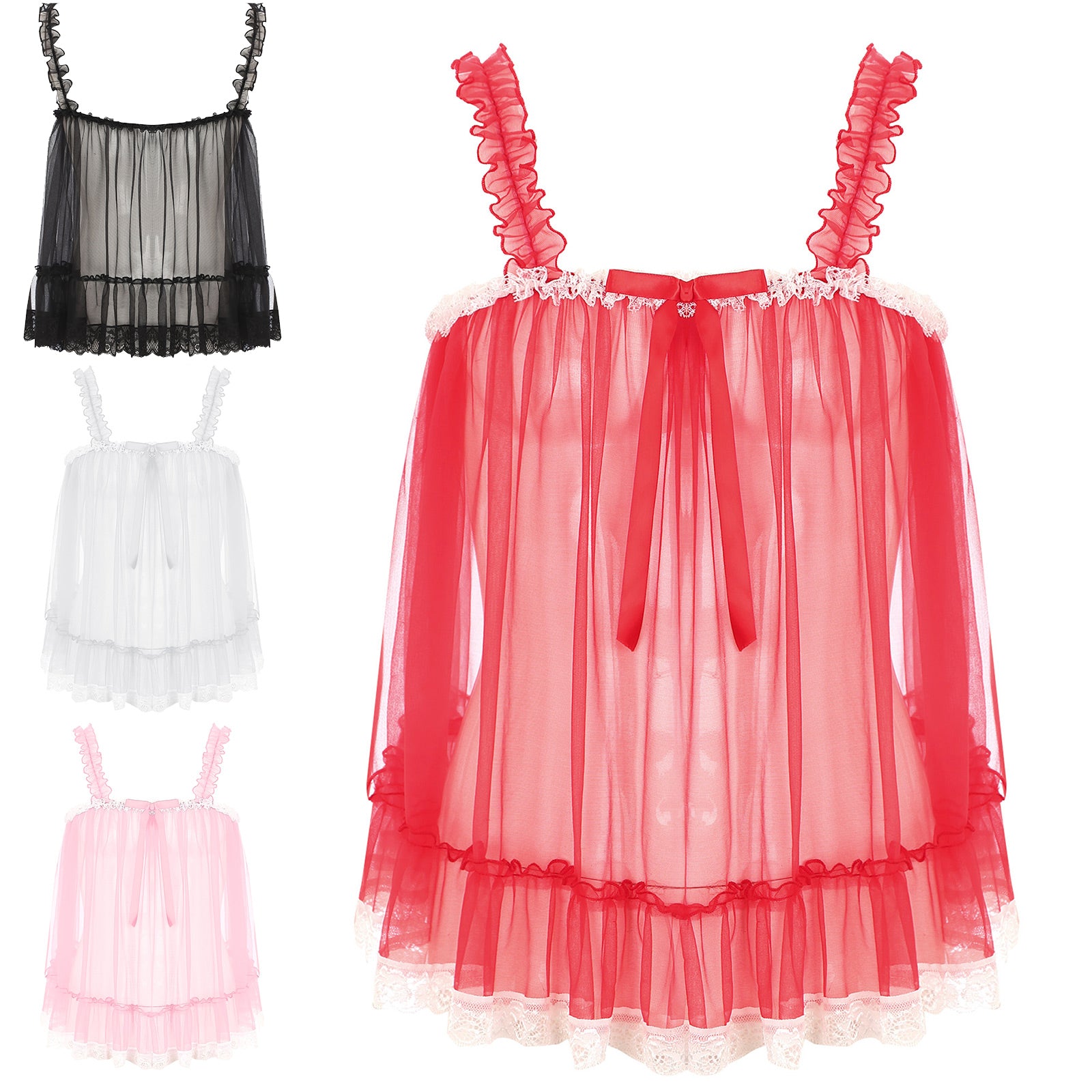 Womens Sexy See-Through Babydolls Sheer Mesh Top Ruffle Straps Bow Lace Trim Camisole Tops Lingerie Tempting Nightwear Clubwear