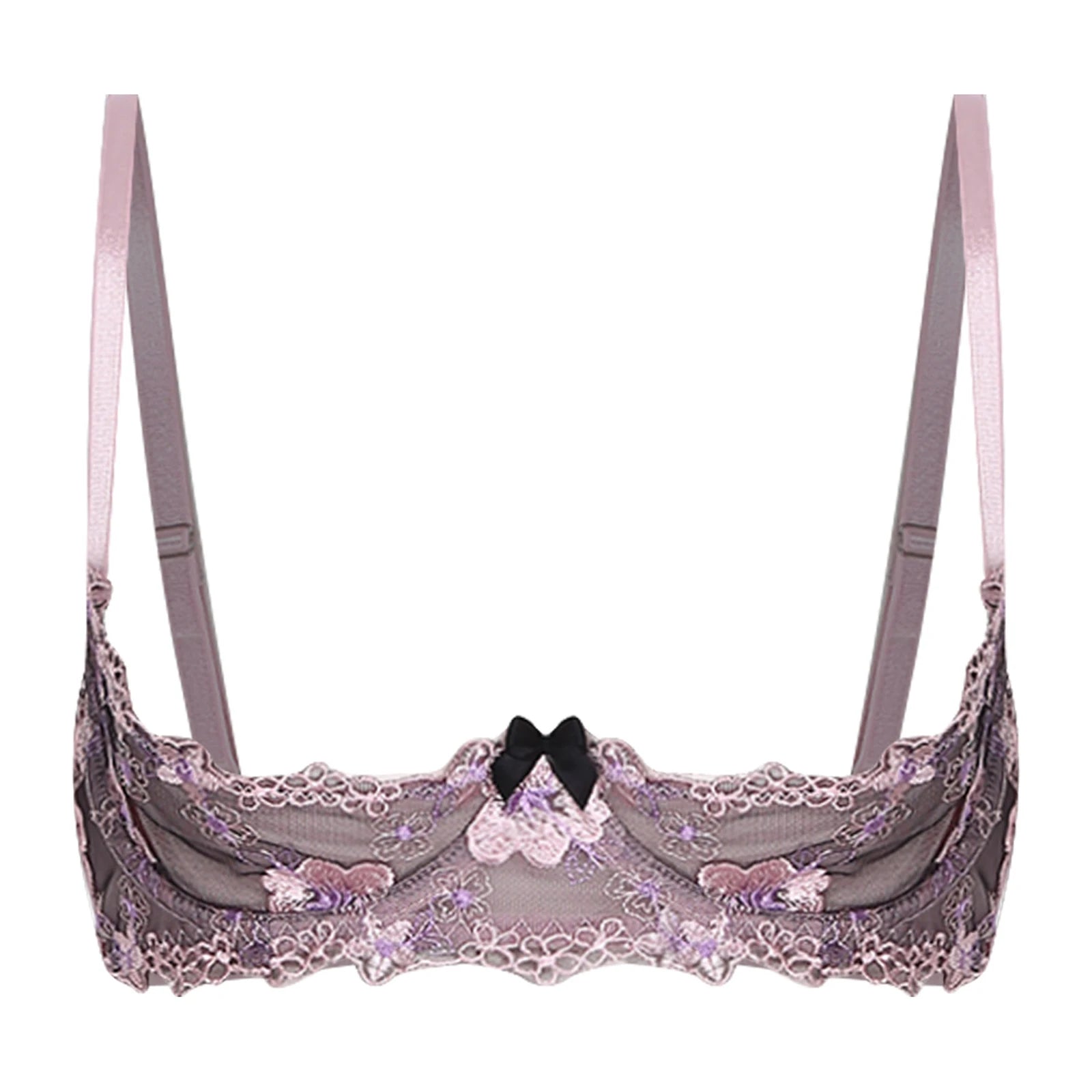 Womens Lingerie Bare Exposed Open Nipples Bra Underwear Set Floral Lace Brassiere 1/4 Cup Underwire Push-up Bralette Balconette