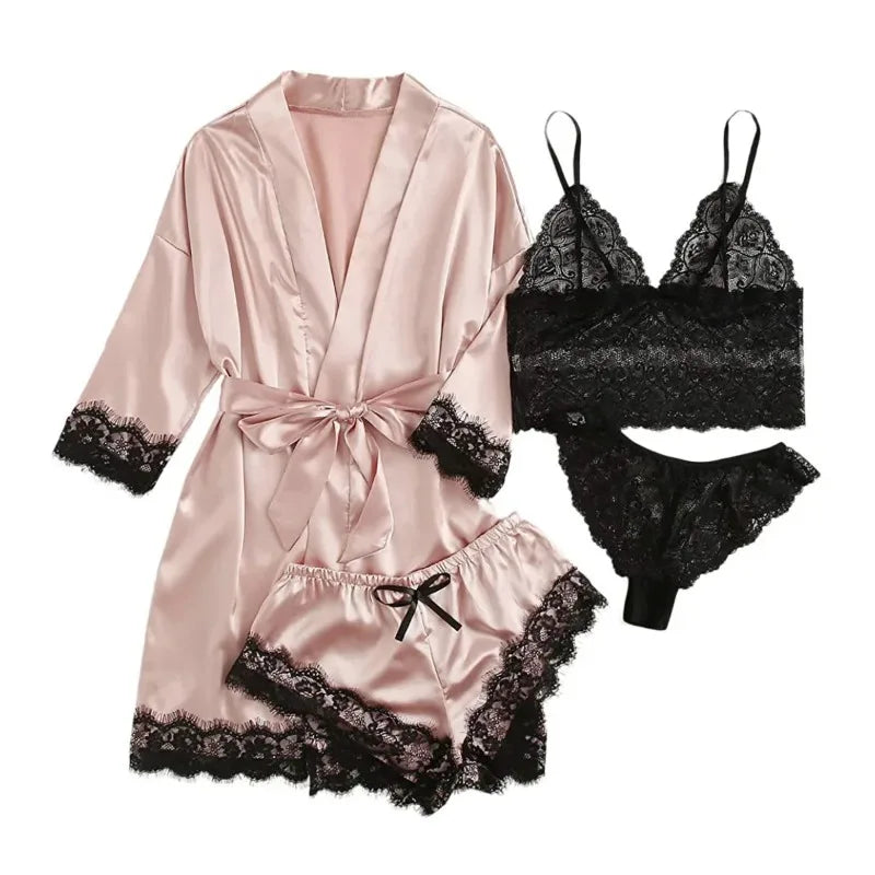 Spring and Autumn Women's Sexy High-quality Lace Camisole Pajamas Soft Comfortable Breathable and Comfortable 4-piece Set