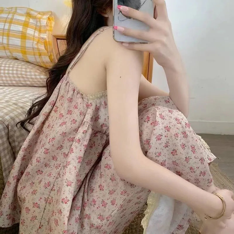 New Summer Vintage Floral Print Pajama Set with Padded Straps and Long Pants for Girls – Women's Summer Loungewear and Sleepwear