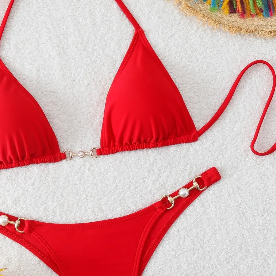 New Two-Piece Bikini Set Sexy Triangle Tie-Up Swimsuit Beach Vacation Swimwear Summer Trendy Top Bottom Beachwear Resort Outfit