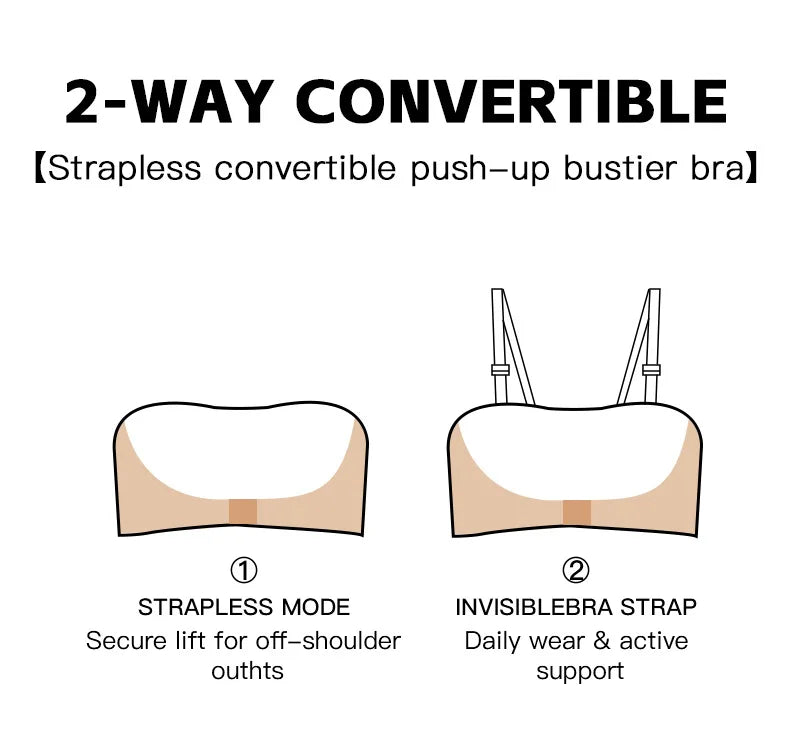 Women's Strapless Front Closure Bra Wireless Bandeau Non-slip Underwear Wavy Edge Chest Wraps Padded Push Up Tube Top Bralette