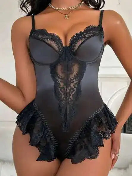 Purple Exotic Apparel Lace Sexy Lingerie Women Hollow Jumpsuits Splice Bodysuit Adult Shaper Onesie Couple Sex Game Clothes DO8S