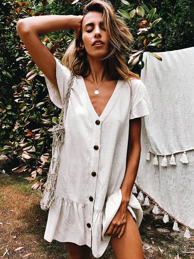 SUNFORYOU Cover-ups  Tunic For Beach Button Rayon V neck Beach Shirt Swimsuit Cover Up Vestido Sarong Beachwear Women Pareo