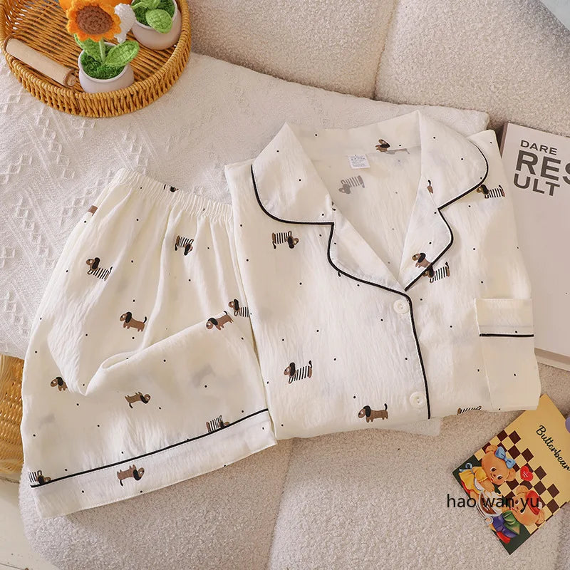 Pajama for Women Short Sleeves with High Luxury Feel Suitable for Outerwear Home Clothing Set Nightwear Homewear Small Dog Print