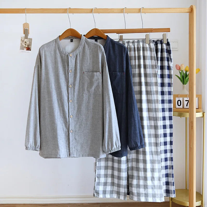 2026 Japanese Style Men's Cotton Pajama Sets Plaid Long Sleeve Trousers Sleepwear Sets Men Double-layer Cotton Homewear Lounge
