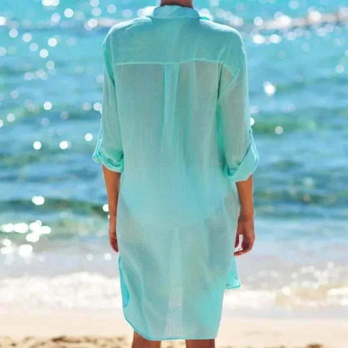 Sexy Beach Cover Up Women Bikini Pocket Swimsuit Cover Up Hollow Out T-shirt White Bathing Suit Cover-Ups Tunics Beachwear Robe