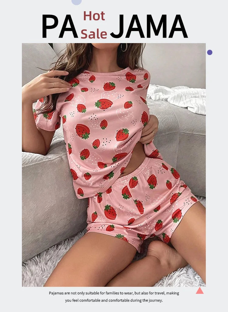 Pajamas Set for Women Breathable Cherry & flower Print Sleepwear Comfy Camisole Top and Shorts Pyjama Home Loungewear for Ladies