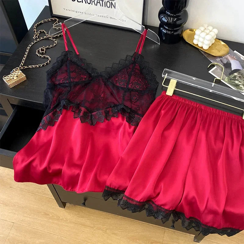 Sexy Intimate Lingerie Pajamas Set Hollow Out Lace Cami Shorts Pijamas Suit Spring Summer New Sleepwear Home Clothes Loungewear