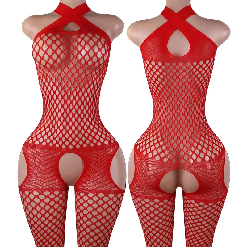 Porn Underwear Crotchless Babydolls Dress Erotic Costume Sexy Halter Neck Bodystockings Fishnet Hollow Baby Dolls Lingerie Women