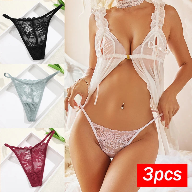 Sexy  Panties 3 PCS/Set Lace G-String Thongs Low Rise Underwear New Perspective Thongs Transparent Floral Breathable Lingerie