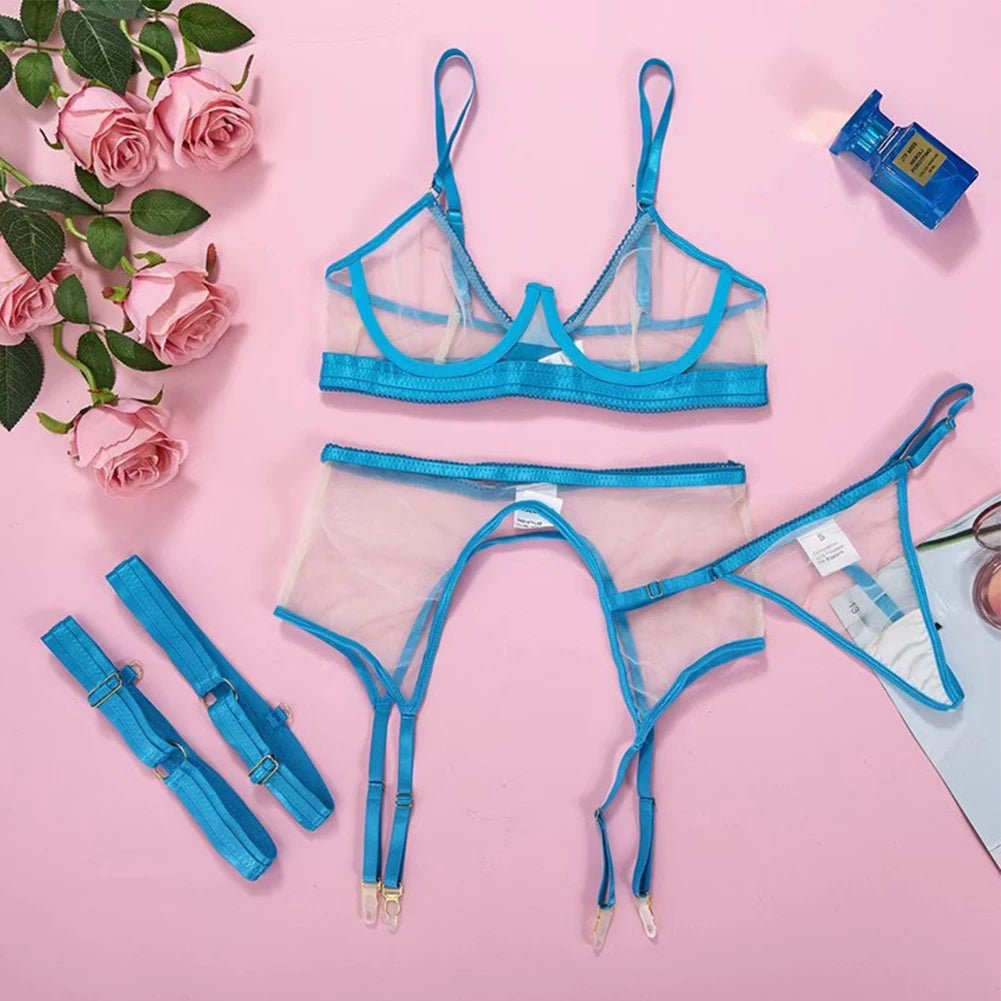Sexy Lingerie Set For Women 3 Piece Neon Color Mesh Underwear Set Transprent Hollow Breath Bra T-back Bikini Panty Garter Set