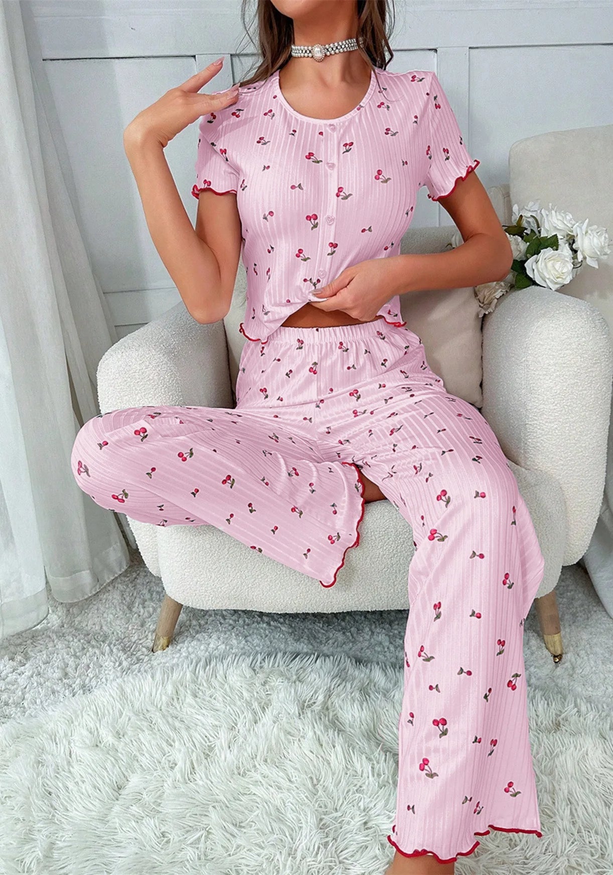 Comfortable pajama set, featuring a Cherry  printed short sleeved top and elastic waistband with lotus edges