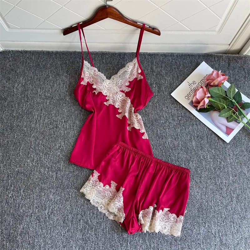 Lace Sleepwear Satin Cami&Shorts Suit Women 2 Pieces Sleep Set Sexy Deep V-Neck Nightwear Thin Home Clothes Lounge Lingerie