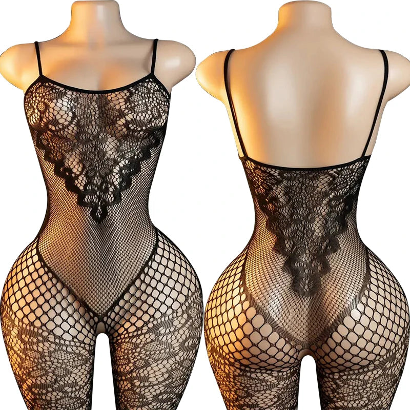 Sexy Crotchless Lingerie Full Sleeve Bodystockings Mesh Transparent Babydolls Underwear Erotic Fishnet Hollow Baby Dolls Dresses