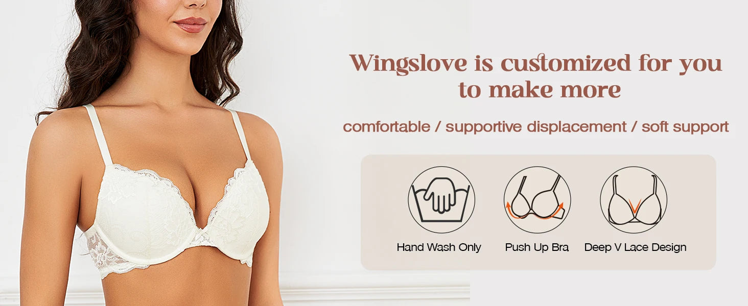 Wingslove Women's Push Up Bra Sexy Lace Lingerie Comfort Padded Bra Brassiere Plunge Lift Up Add One Cup Underwire Bra