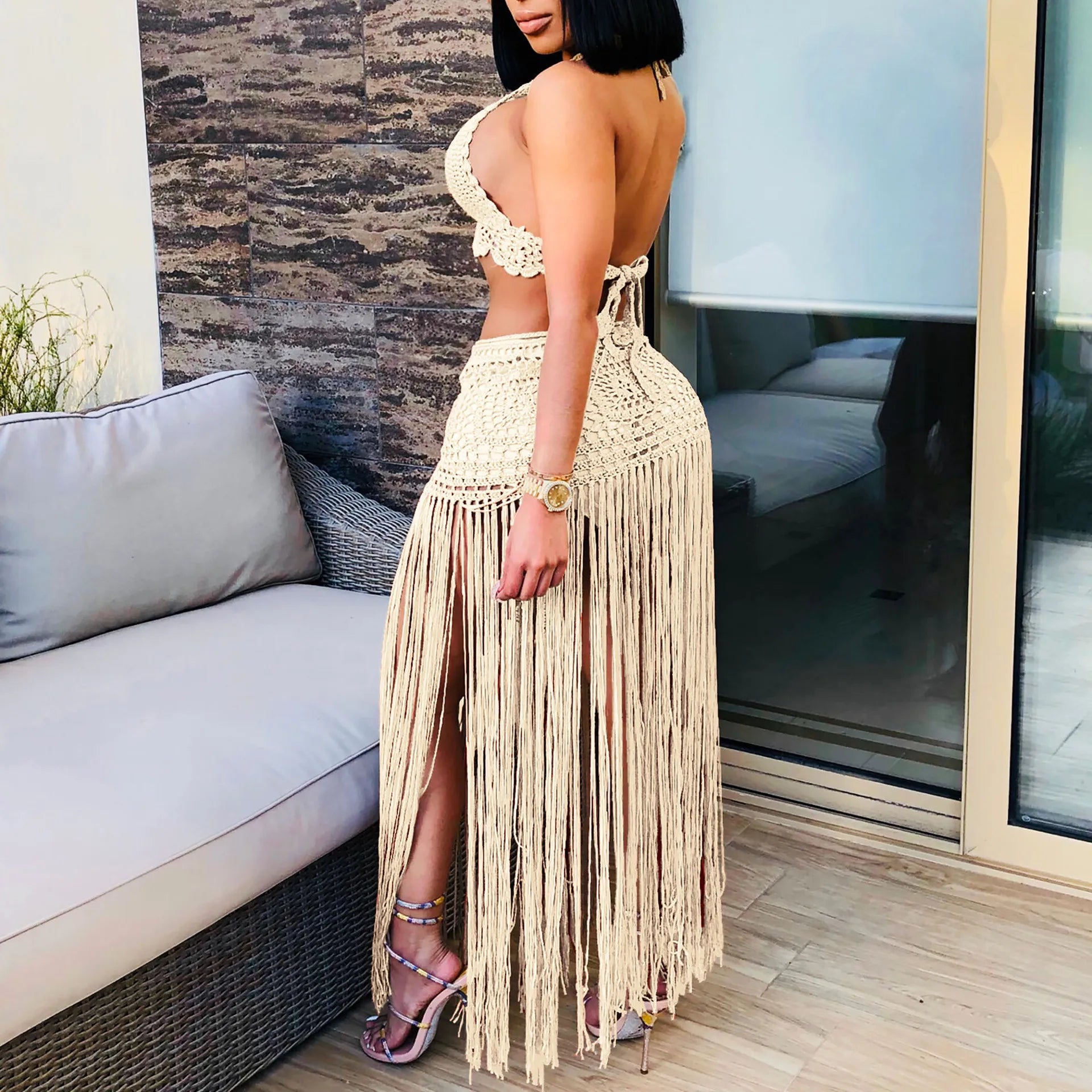New Women's Two Pieces Swimsuits Beach Style Knitted Bikini Tops High Waist Tassel Long Skirts Female Sexy Cover Up Bikini Sets