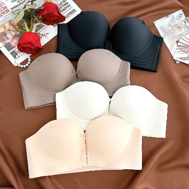 Strapless Bras Women Front Closure Seamless Brassiere Push Up Thick Underwear Adjustable Female Soft Solid Invisible Lingerie