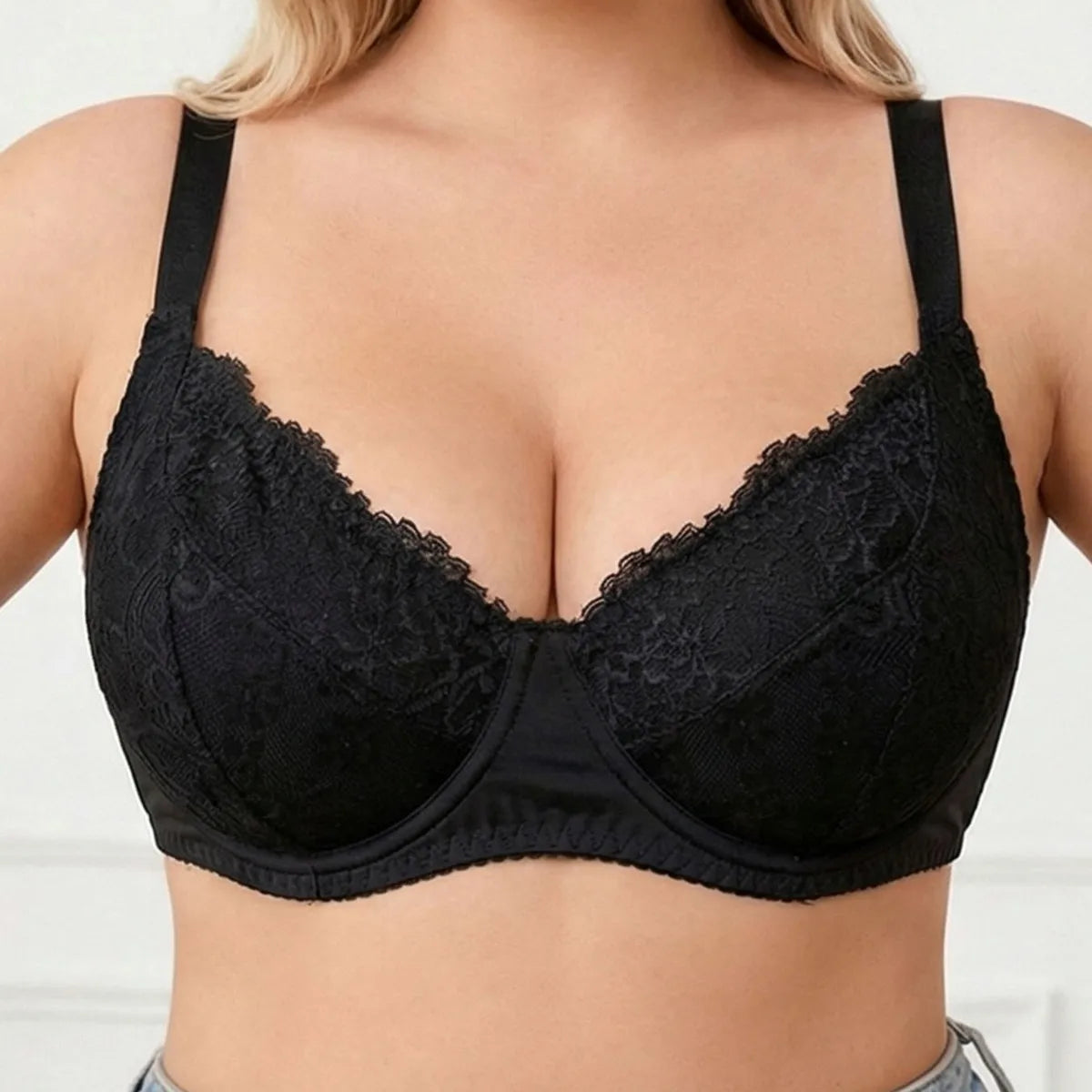 Plus Size Black Lace Underwire Push Up Bra Full Coverage Unlined Minimizer For Large Bust Daily Wear Lingerie For Women