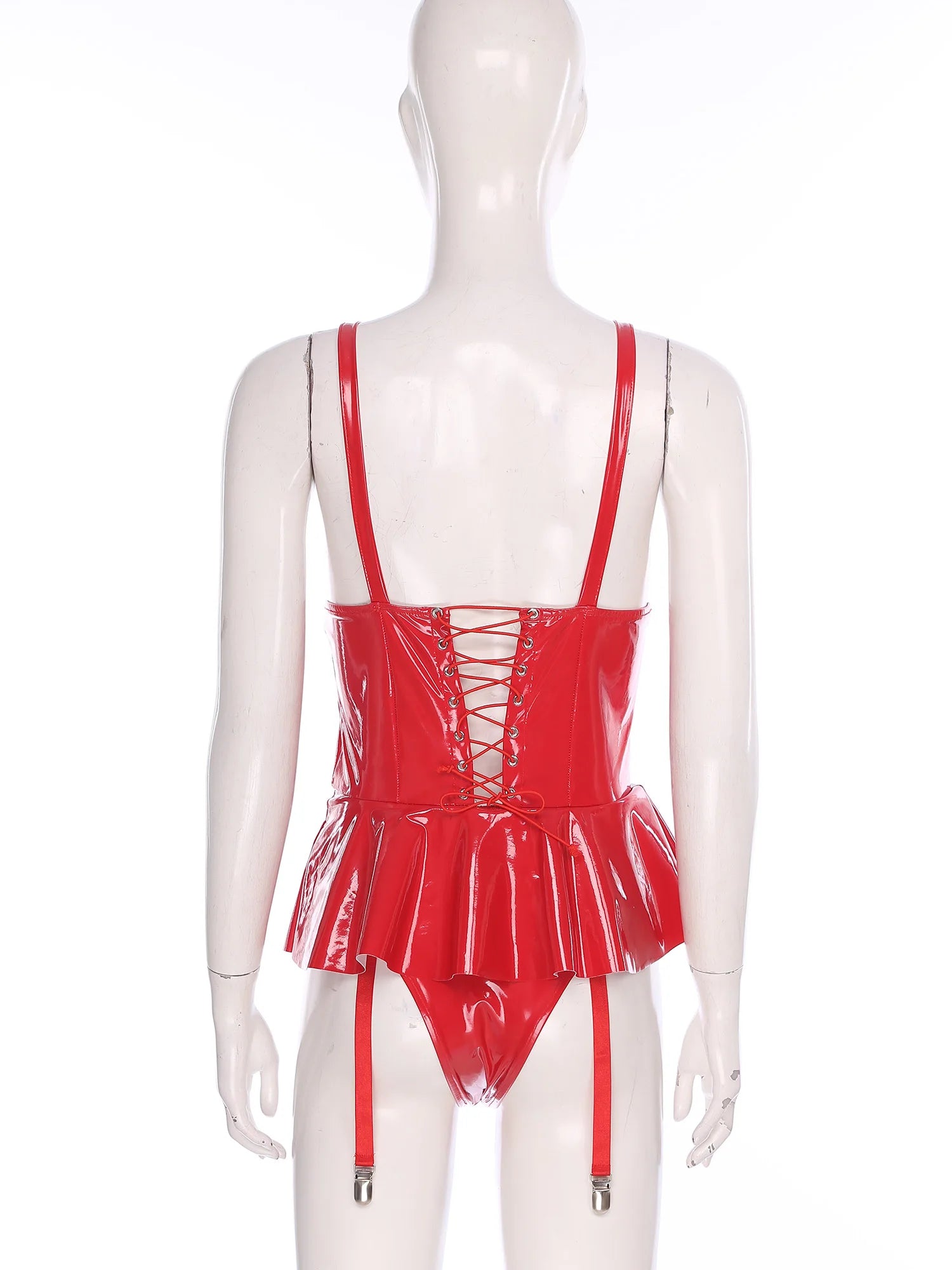 Womens Lingerie Latex Mini Dress Built-in Briefs Garters V Neck Front Zip Back Lace-up Bodysuit Glossy Sling Wetlook Clubwear