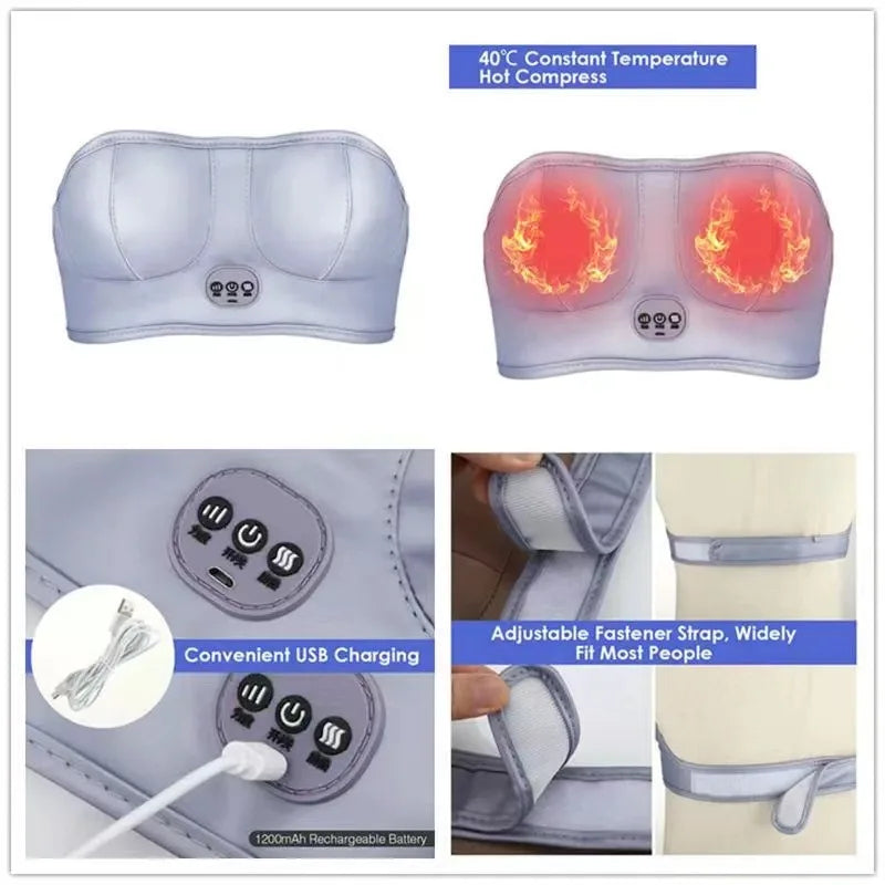 Wireless Electric Massage Bra Compress Vibration Chest Massager Home Breast Care Rechargeable Skin Friendly Relaxing Ergonomic
