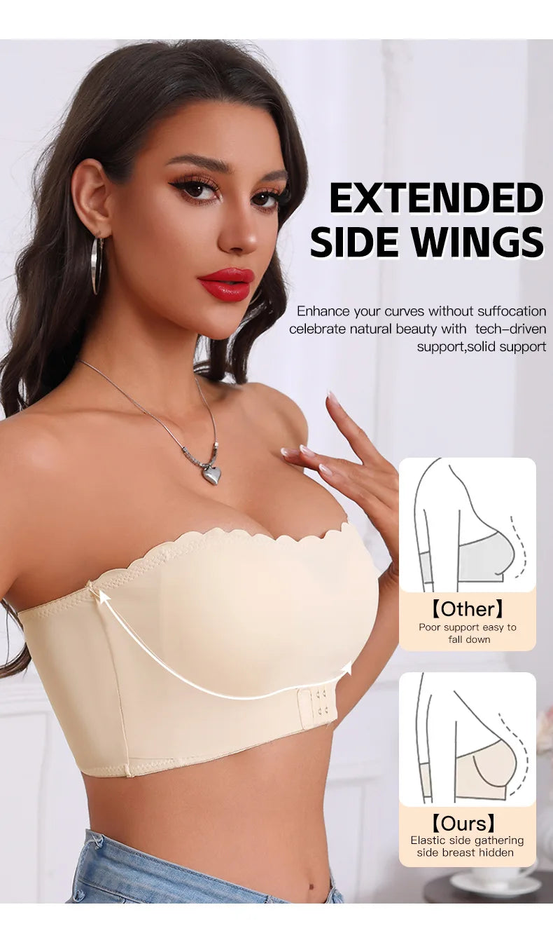 Women's Strapless Front Closure Bra Wireless Bandeau Non-slip Underwear Wavy Edge Chest Wraps Padded Push Up Tube Top Bralette