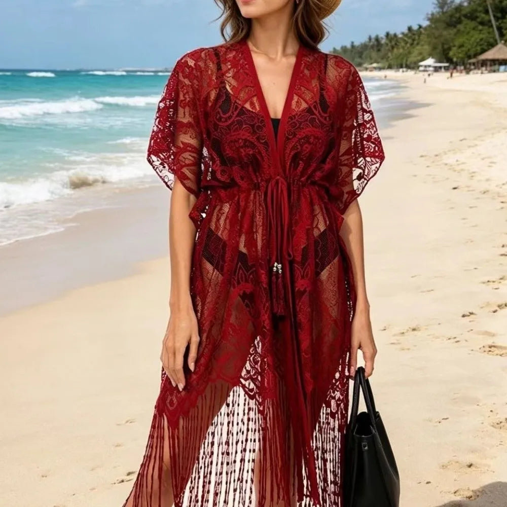 Fashion Lace Mesh Sunscreen Beach Cover Up Floral Tassel Bohemian Shawl Plus Size Transparent Swimsuit Cover Up Women