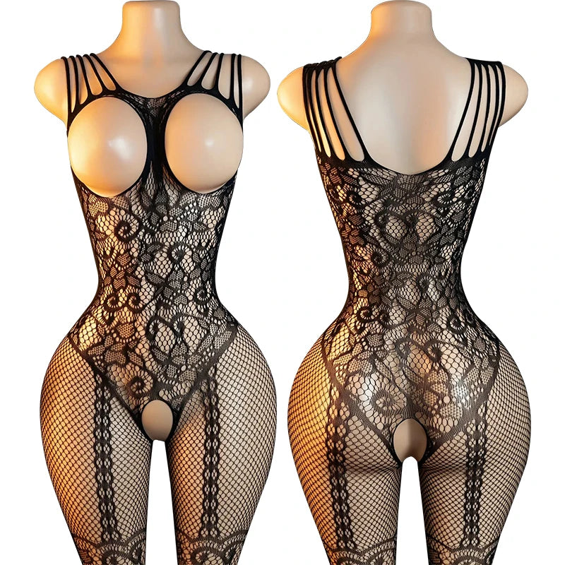 Lace Mesh Hanging Neck Bras Body Suits Erotic Crotchless Lingerie Women Deep V Halter Bodystockings Sexy Bodycon Underwear Sets
