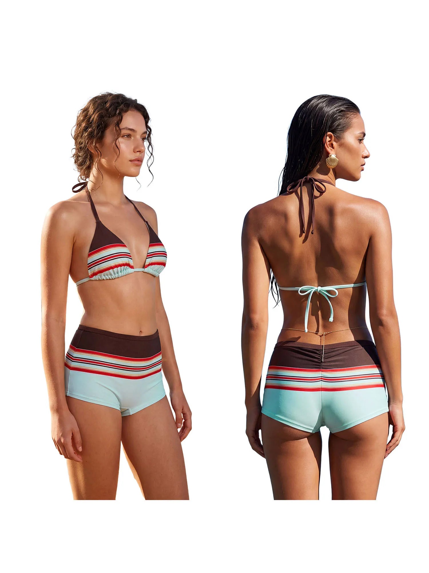Womens Striped Bikini Sexy Halter Bra Tops with Shorts 2 Pcs Set Summer Beach High Waist Swimwear Female Bathing Suit