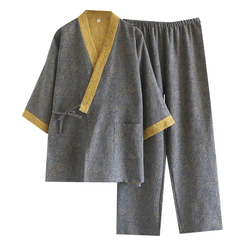 Japanese Style Kimono Pajamas Set Men's Cotton Sleepwear Loose Casual Pijama Mujer Home Clothes Male Retro Printed Pyjamas
