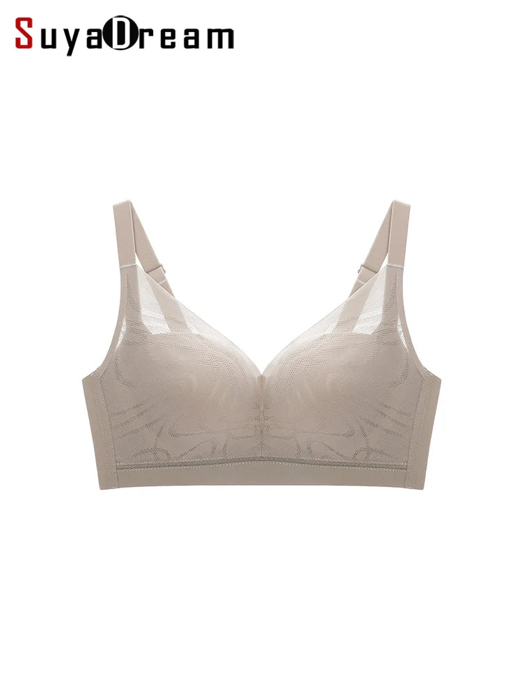 SuyaDream,Women Silk Bras, 100%Silk Lining, Wire Free, Lace Padded Bra, 2024 New Intimates, Black, Beige