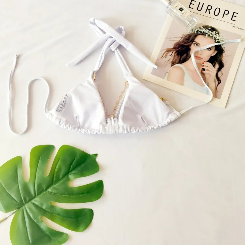 Bikini swimsuit with separate metal cover-up, women's halter neck backless swimwear made of highly elastic fabric