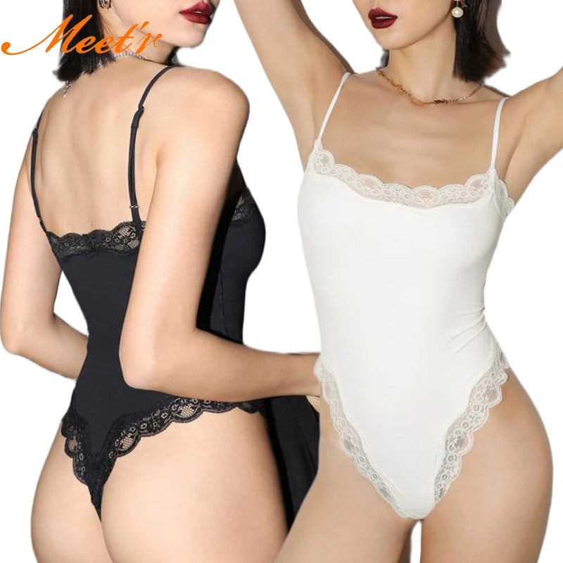 Meet'r Lace Camisole Bodysuit Lingerie Ladies Lace-edged Sexy Body-shaping Shapewear G-string Inner Tight Corset Underwear