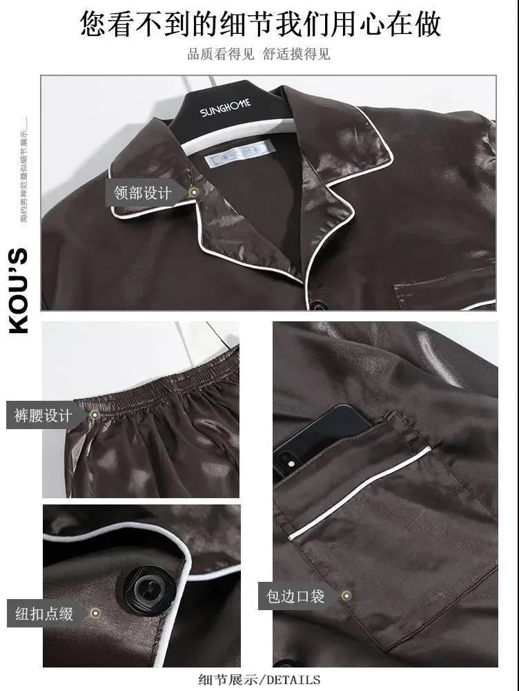 High Quality Men's Casual Pajama Sets Fashion Satin Long Sleeve Lapel Tops and Pants Homewaer Suit Men Comfort Lounge Sleepwear