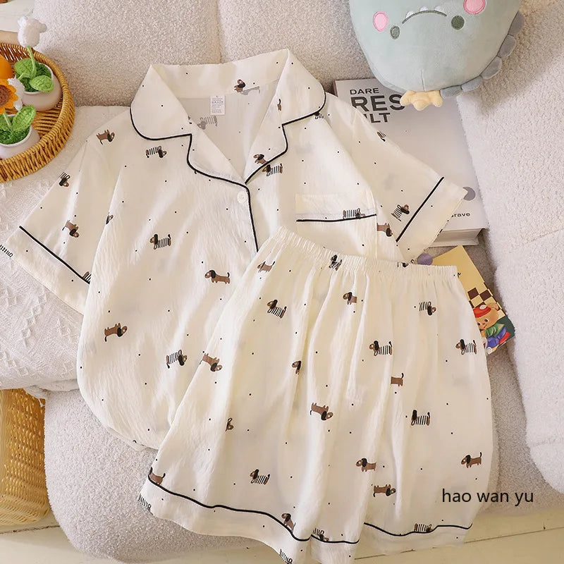 Pajama for Women Short Sleeves with High Luxury Feel Suitable for Outerwear Home Clothing Set Nightwear Homewear Small Dog Print