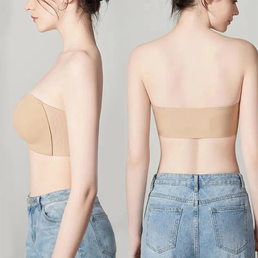 Strapless Front Closure Bra Padded Push Up Lift Bra Non Slip Grip Wireless Supportive Seamless Tube Jelly Bra Add Cup Underwear