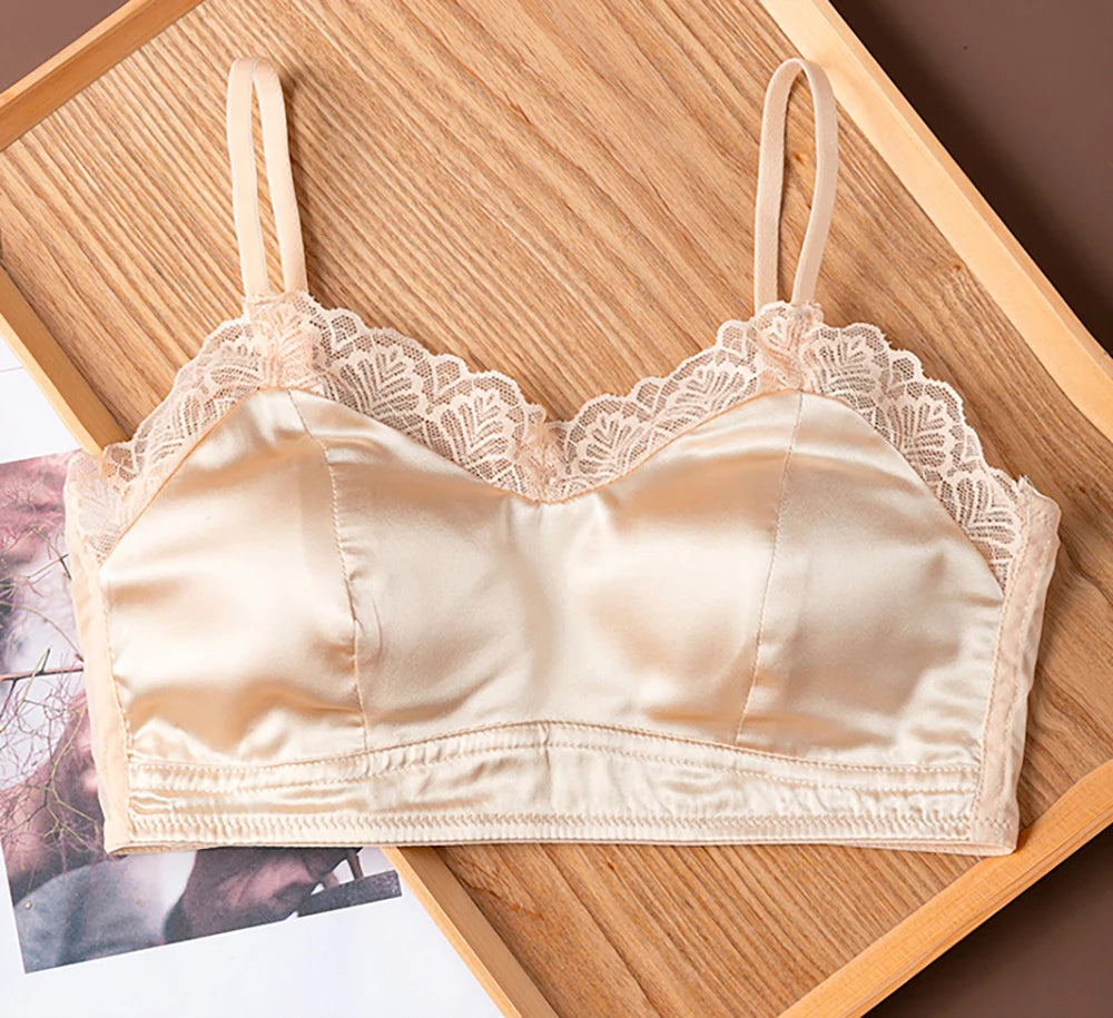 Lace Bralette Bra for Women 19 Momme Mulberry Silk No Underwire Wireless Full Coverage Lightly Lined Adjustable Skinny Strap