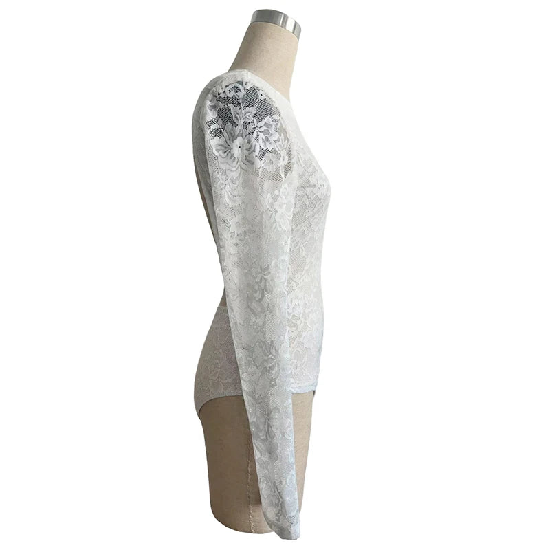 Sexy Lace Bodysuits For Women Fashion Clubwear Long Sleeve Slim See Through Romper Female Jumpsuit Lady Playsuit White Shirt