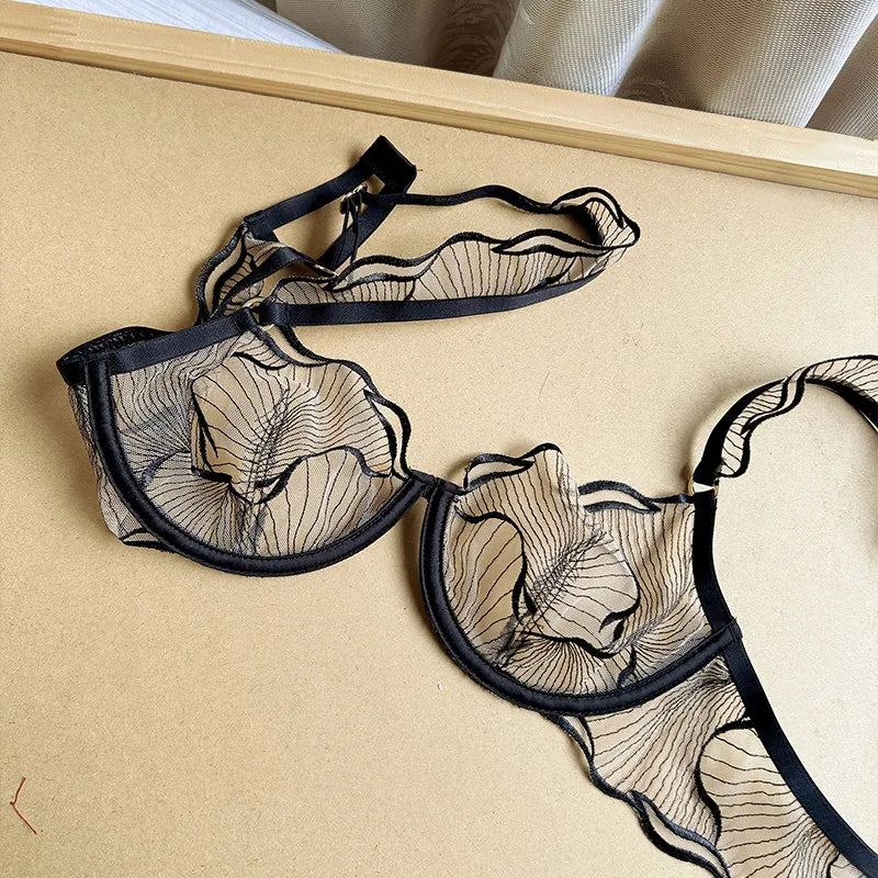 Erotic Lingerie Sets Sheer Transparent Lace Bras for Women Sexy Embroidery Push Up Bra and Thong Matching Set  Underwear Women