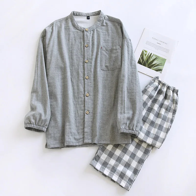 2026 Japanese Style Men's Cotton Pajama Sets Plaid Long Sleeve Trousers Sleepwear Sets Men Double-layer Cotton Homewear Lounge