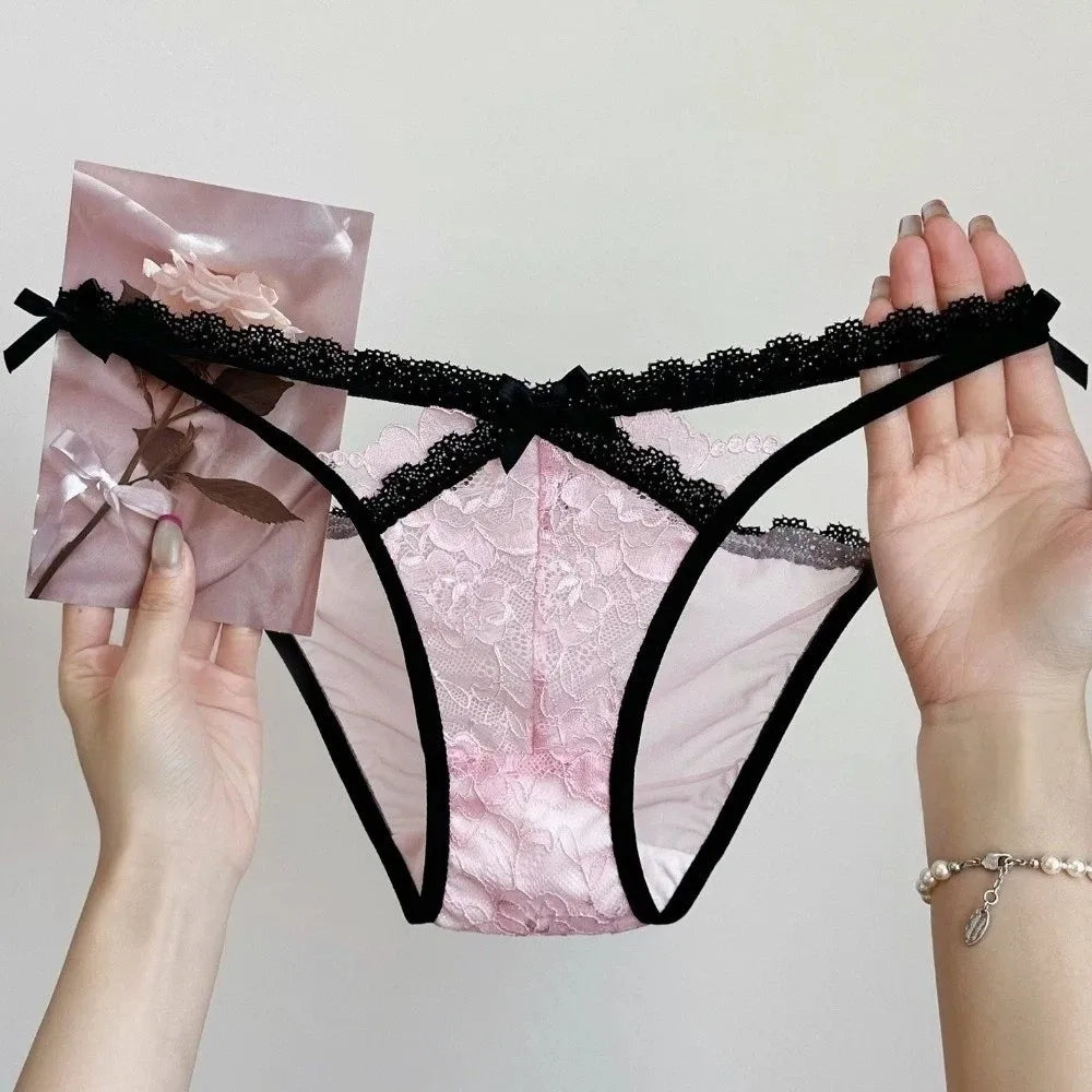 Lingerie Bow Lace Flower Panties Seamless Mid Waist French Style Briefs Hollow Transparent Lace Mesh Briefs Lady