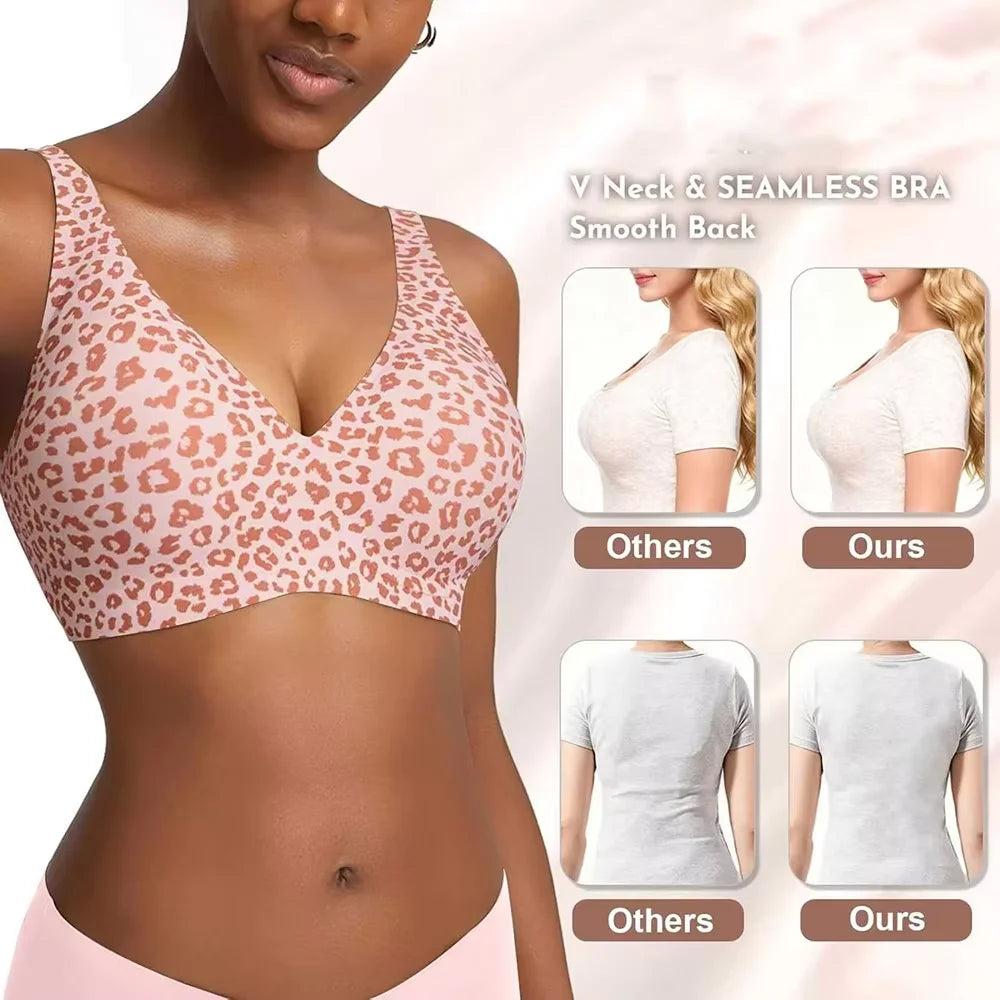 Pink Leopard Deep V Push Up Jelly BrasWireless Supportive Bra No Underwire Comfortable Bras Plunge Seamless Bralette
