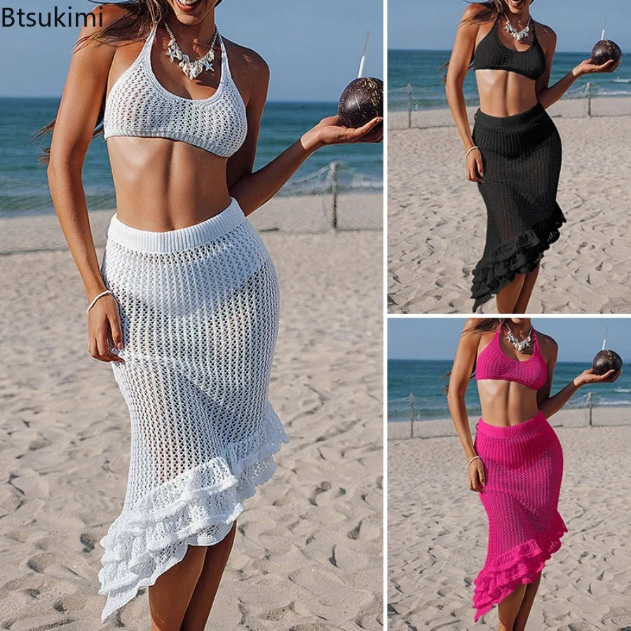 Sexy Women Bikini Two Piece Crochet Set Sleeveless Hollow Out Crop Top and Ruffled Skirt Outfit Summer Beach Knitted Cover Ups