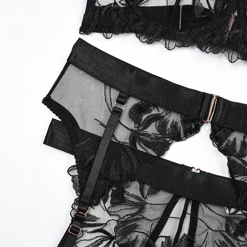 Lace Bras Embroidery Lingerie Sets Bra Garter Panty Sets Exotic Lingerie for Ladies Sexy Mesh Bra Intimate Outfits Transparent