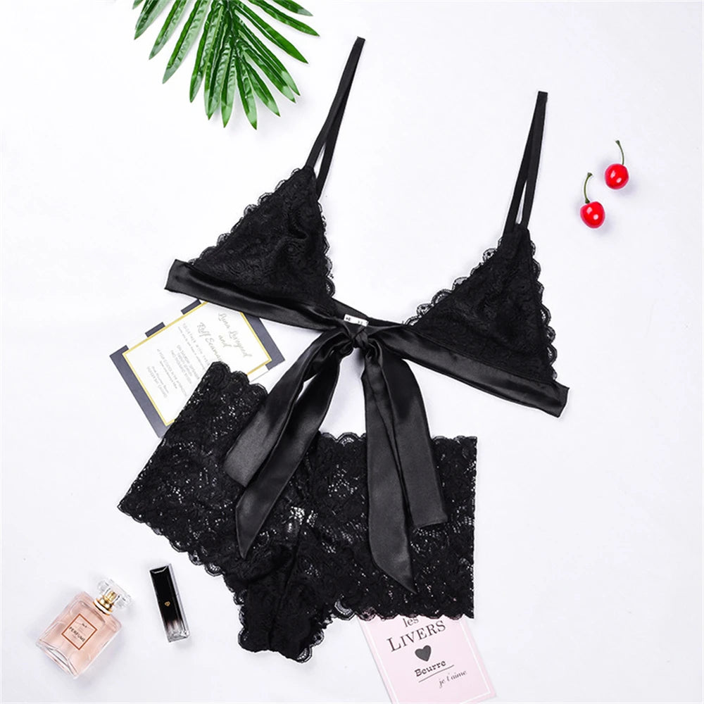 Langerie Sexy Lingerie Porno Suit Woman Lace Embroidery Underwear Women Bow Tie Push Up Bra Briefs Outfit lenceria sensual mujer