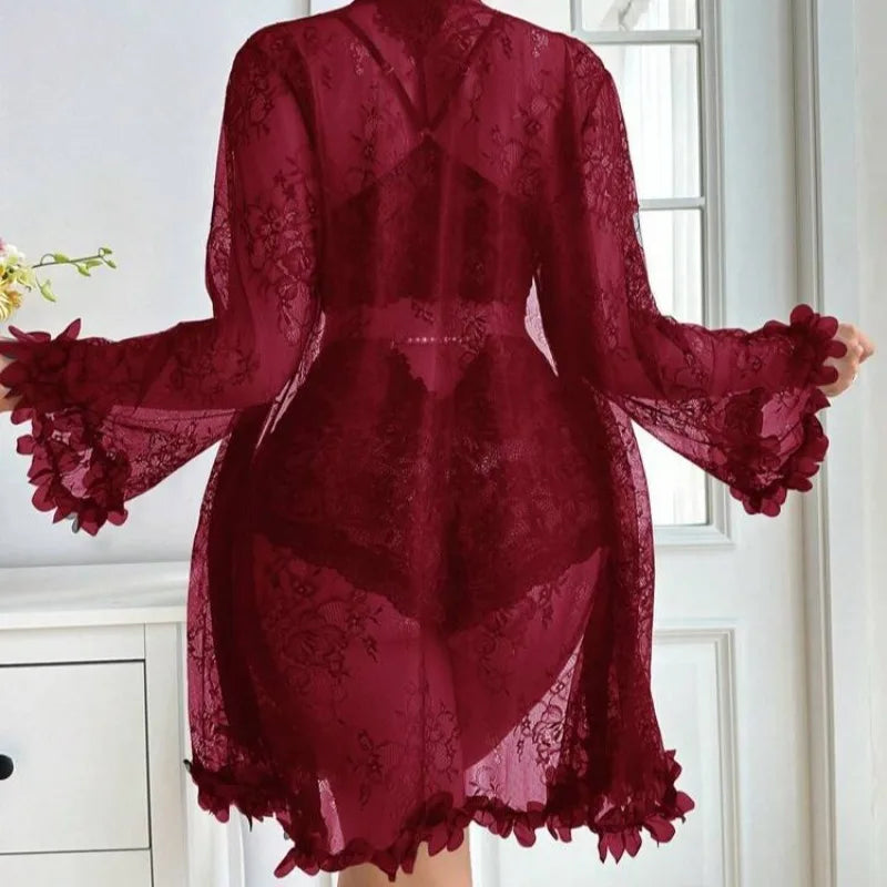 Women Sexy Robe Lingerie Set Lace V-neck Halter Bralette Underwear Suit + Transparent Mesh Bathrobe Nightwear Female Sleepwear