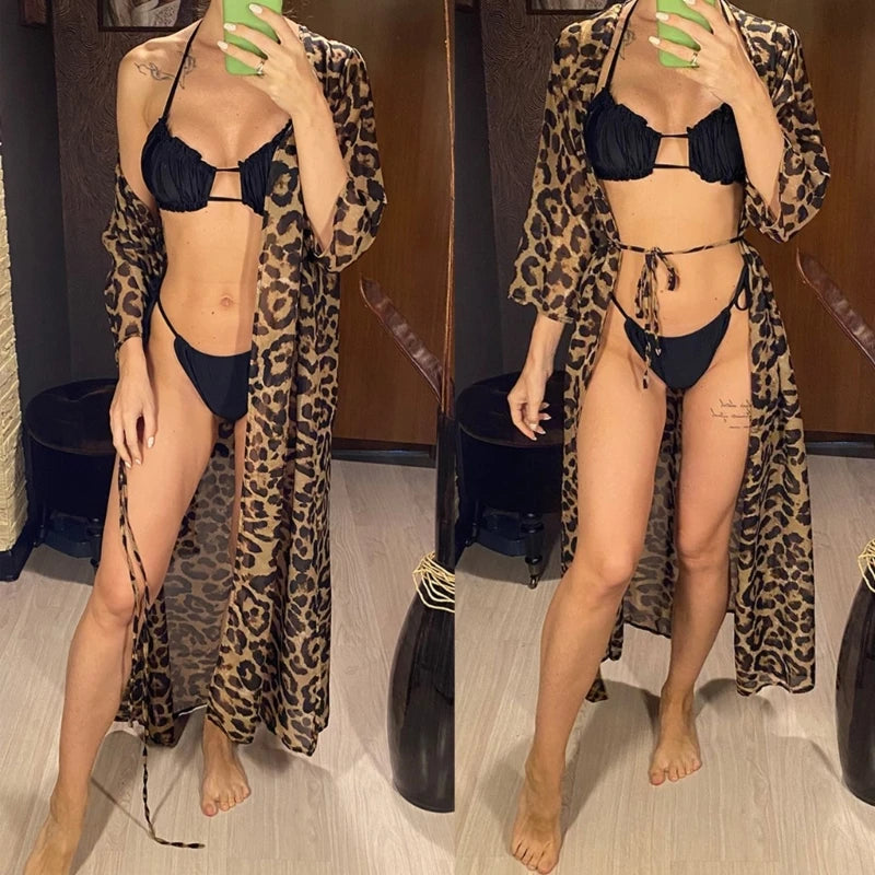 Womens Long Bikinis Cover-ups Beach Dress Summer Sexy Robe Beachwear Leopard-printing Tunic Top Swimwear Cover-Ups Dress