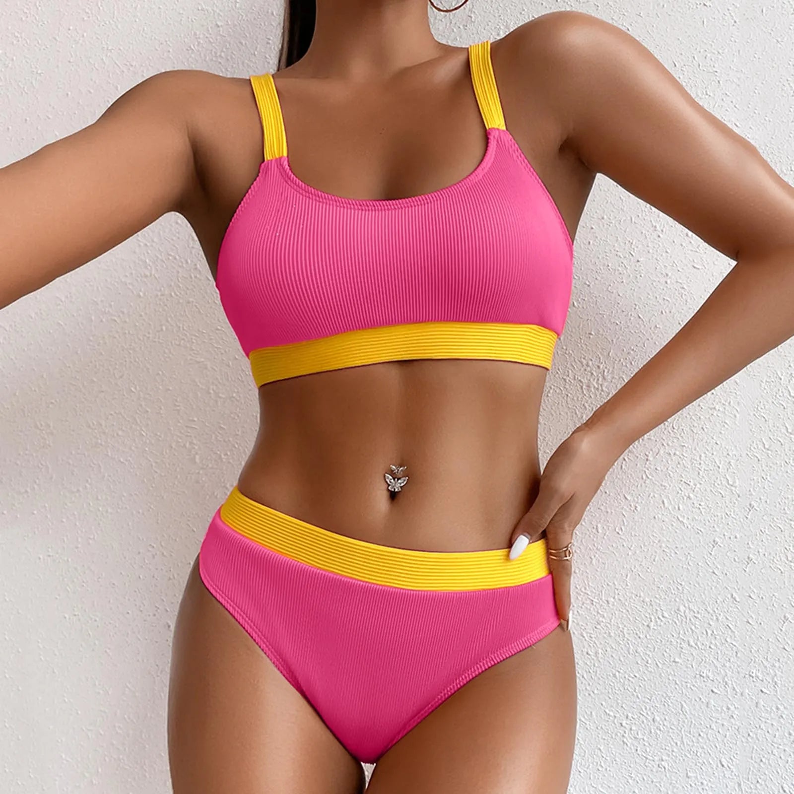 Color Block Swimsuits for Women Crew Neck Ribbed Stripe Bikini Bra High Waist Traceless Breath Comfty Fashion Bikinis Shorts